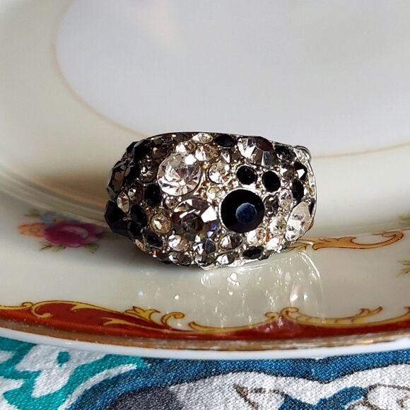 Vintage Black, Grey, White/Clear Rhinestone Statement Ring - Adjustable Band - Picture 1 of 12